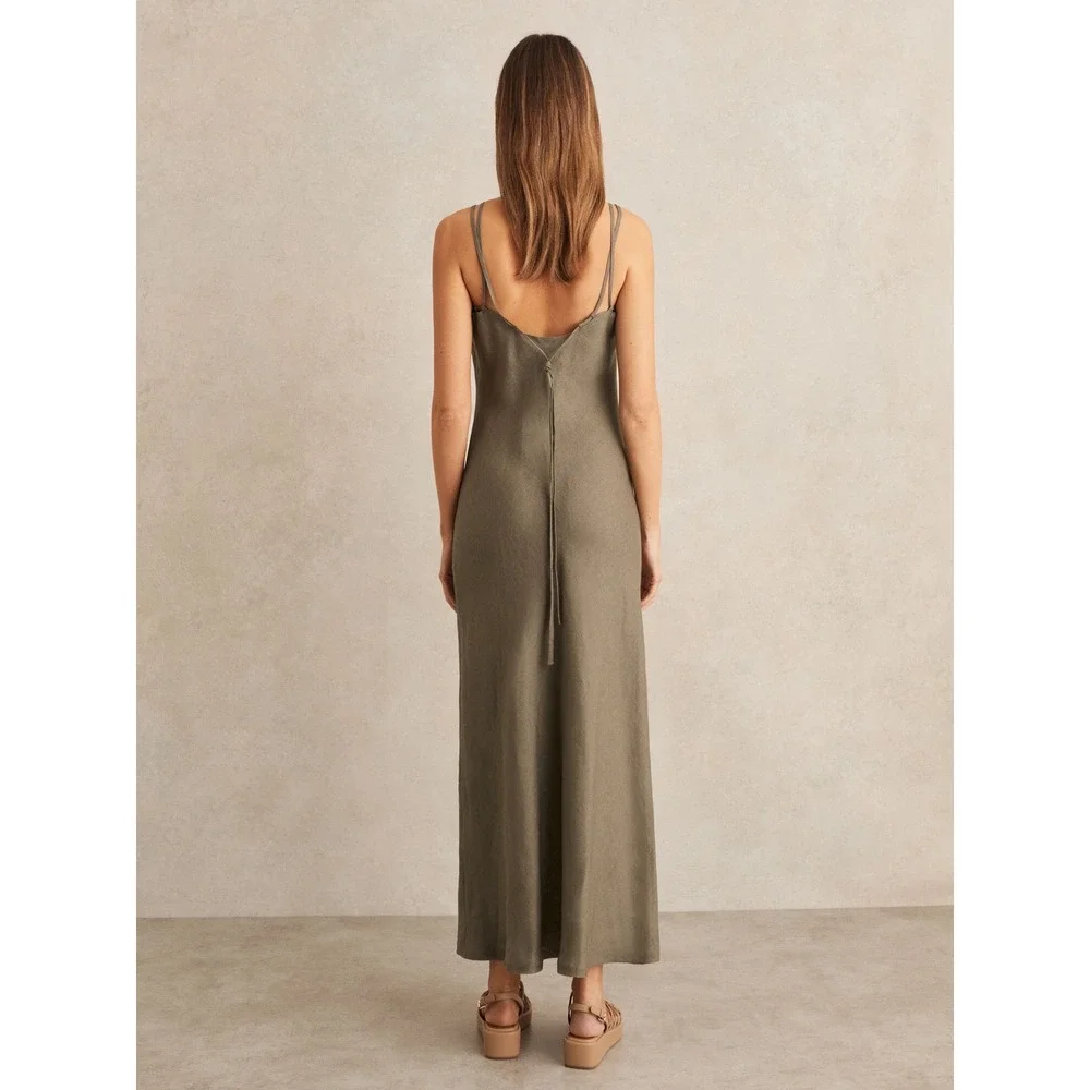 Reiss Roxanne Linen Double-Strap Slip Dress Khaki Size 4 NWT $275 - Picture 2 of 8